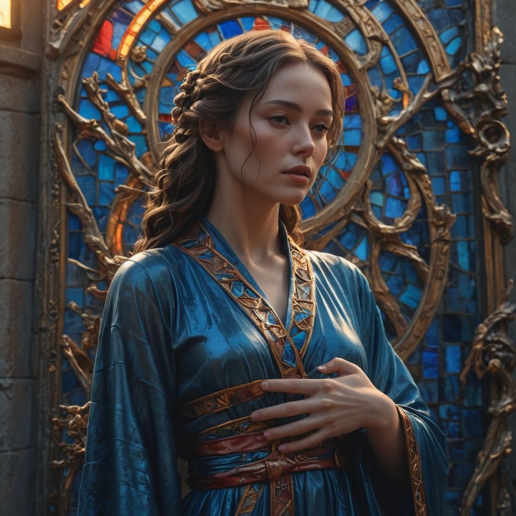 Coral Woman Sculpture with Stained Glass Details