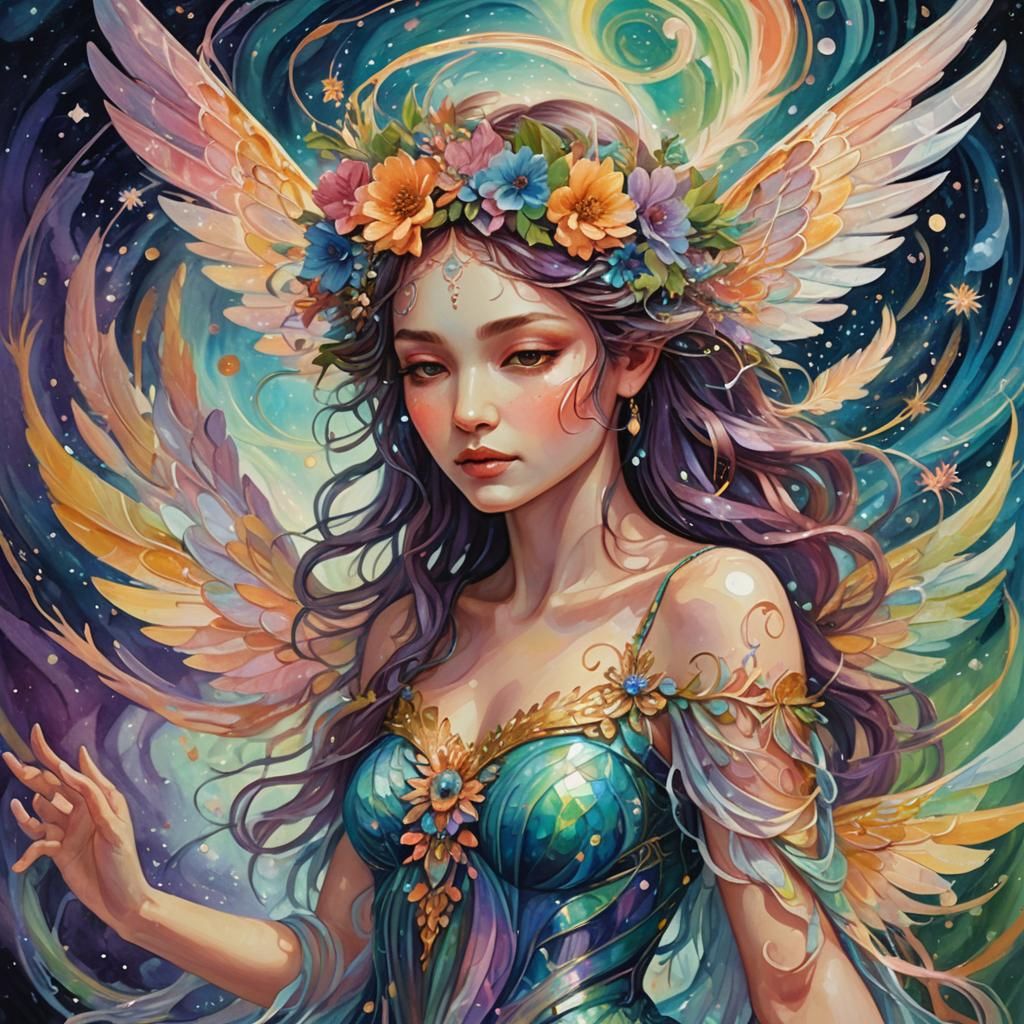 Ethereal Spring Fae in Astral Mixed Media Illustration
