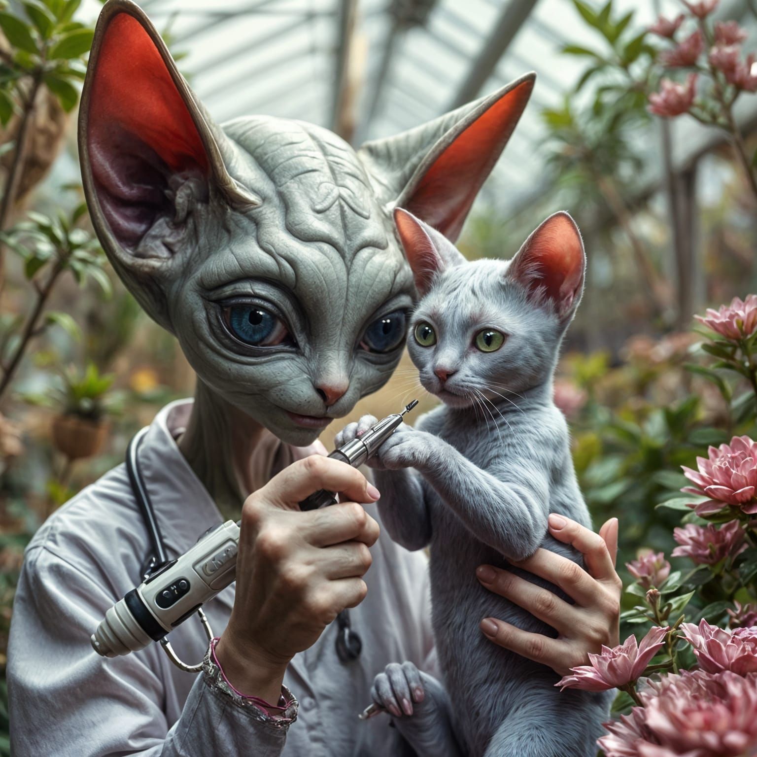Alien Vet in a Lush Greenhouse