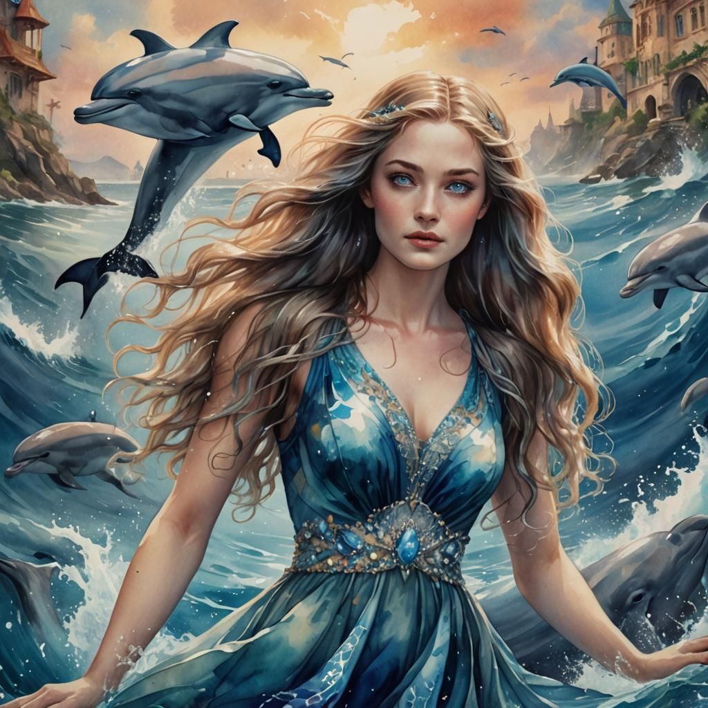 Dolphin Princess in Watercolor Style