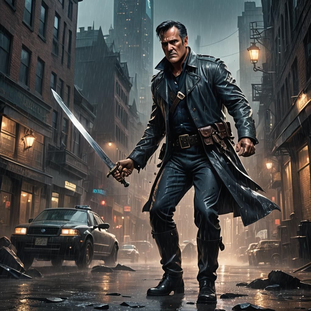 Cop Battles Creature in Gothic Cityscape