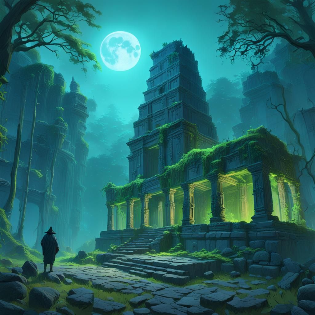 Ethereal Temple Ruins Under Mystical Moonlight