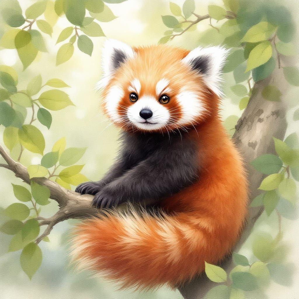 Red Panda on Tree Branch in Watercolor Style