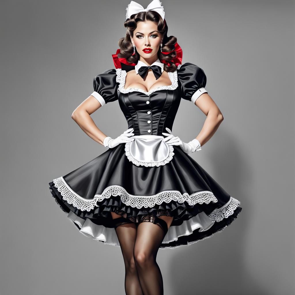 Glamorous 50s French Maid Graphite Drawing