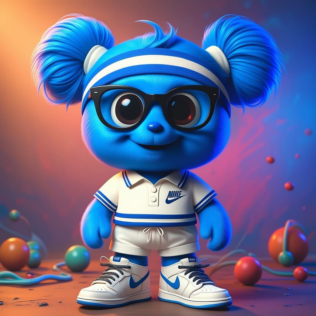 Whimsical Blue Creature in Striped Polo and Dunk Shoes