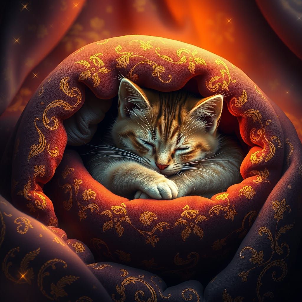 Curl Up in Whimsy: A Dreamy Kitty in a Golden Haven