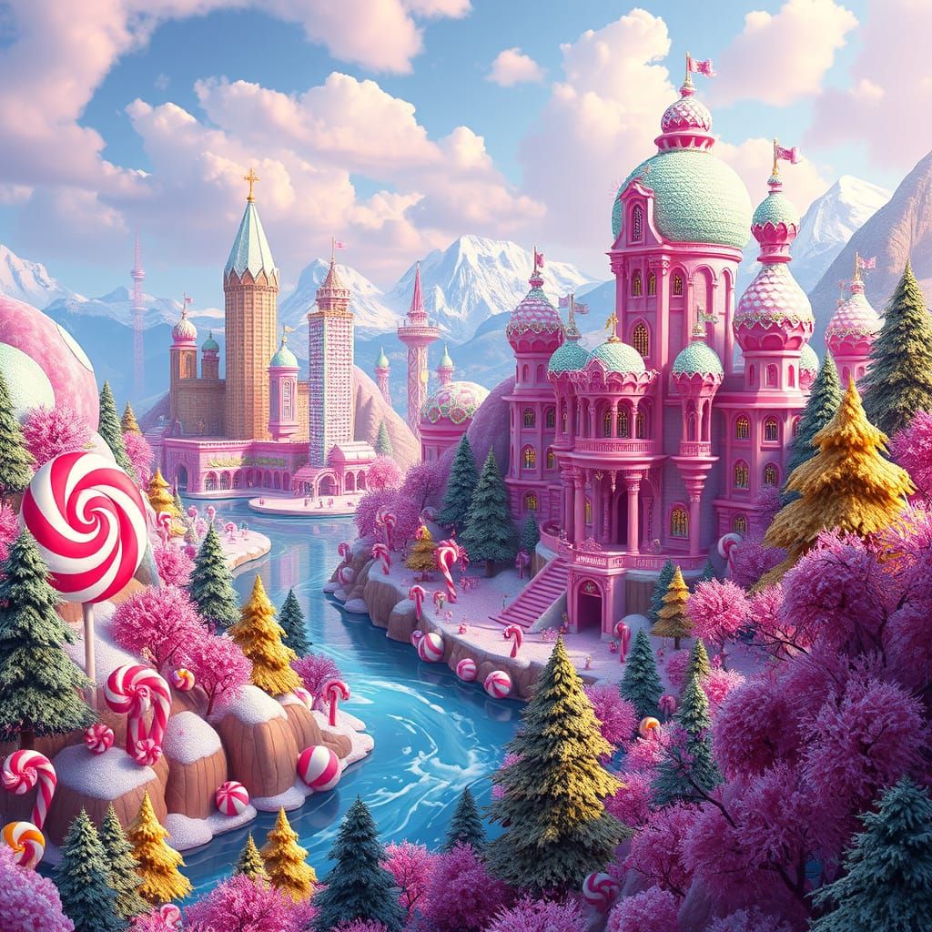 Vibrant Sugary Metropolis in Hyper-Realistic Candy Art Style