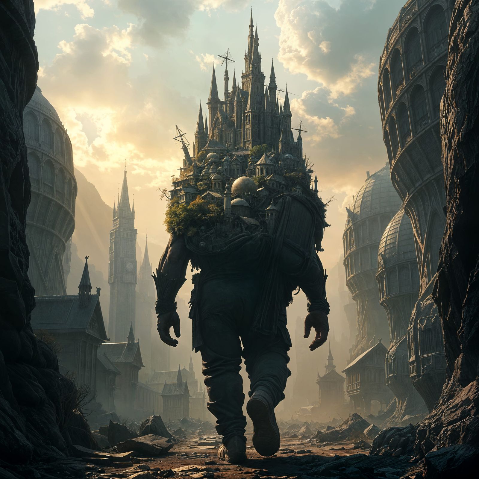 Giant Man Carries Cityscape on His Back in Epic Digital Pain...