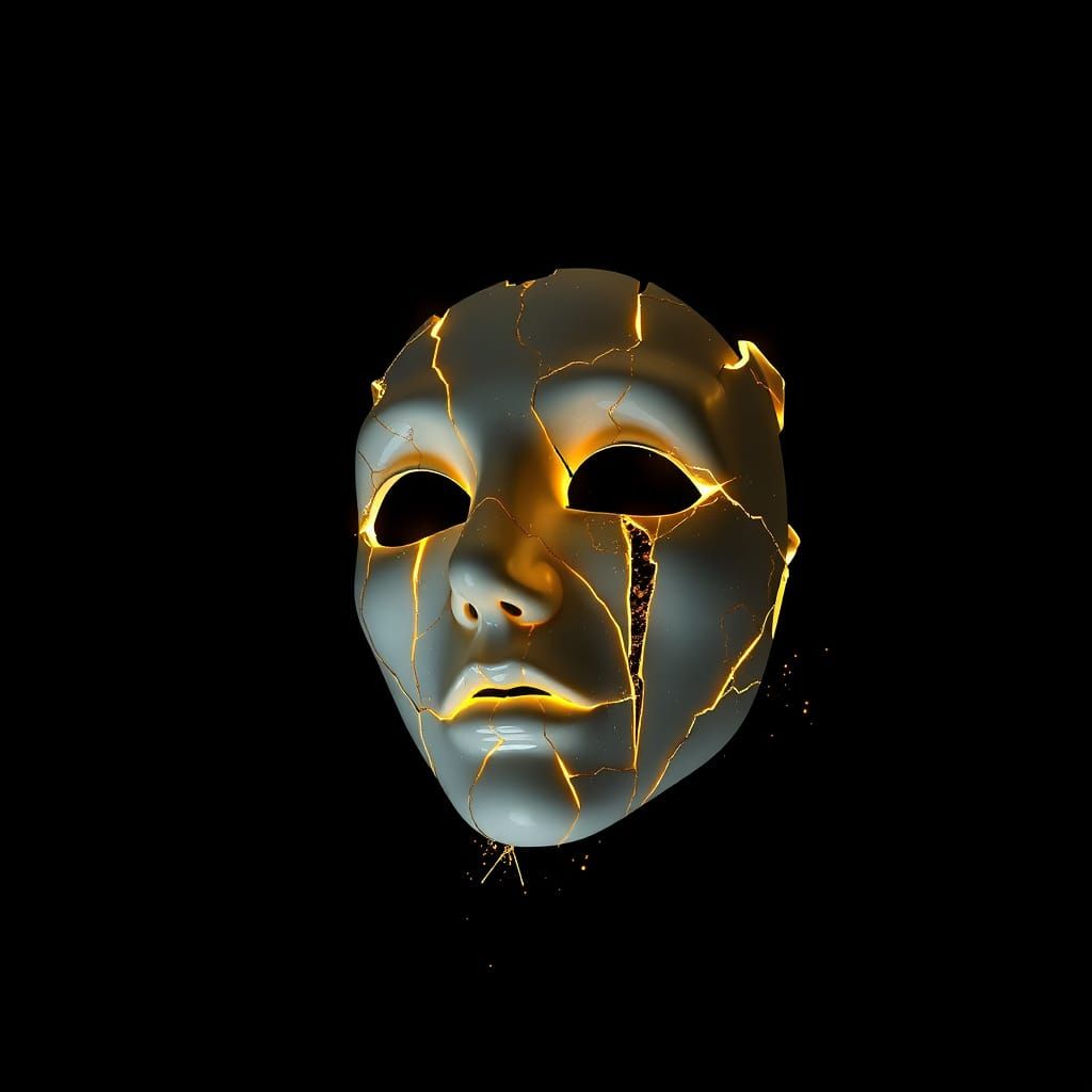 A shattered porcelain mask, meticulously repaired with golden kintsugi, floats serenely in a dark void. Light emanates f...