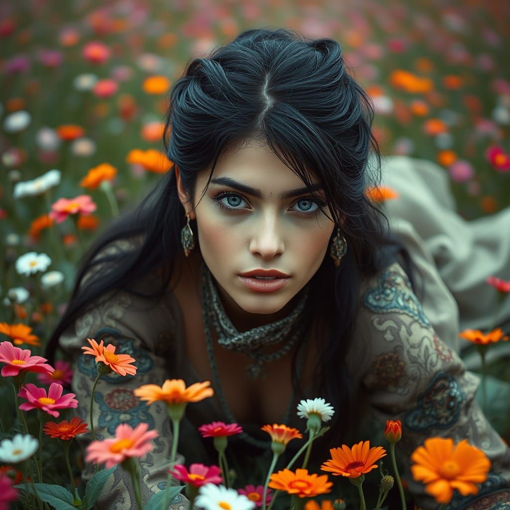 Woman in Flower Field, Frazetta and Beksiński Style