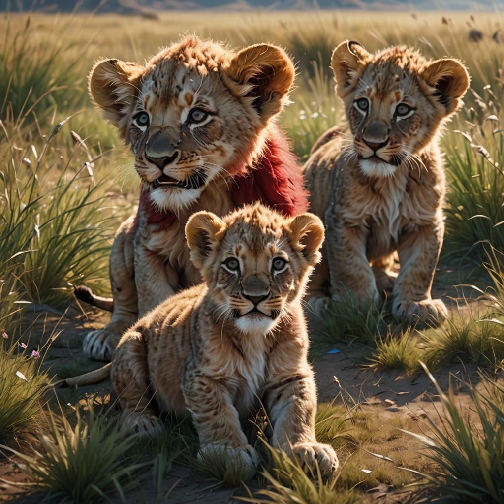 Lion Cubs Playing on Sunny Steppe