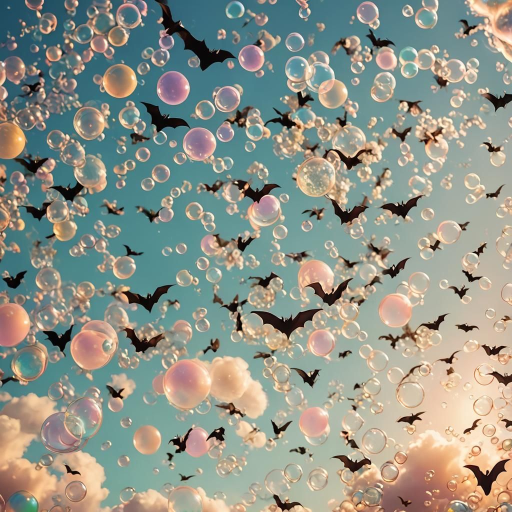 Surreal Bats Soaring Through Colorful Bubble Cloud