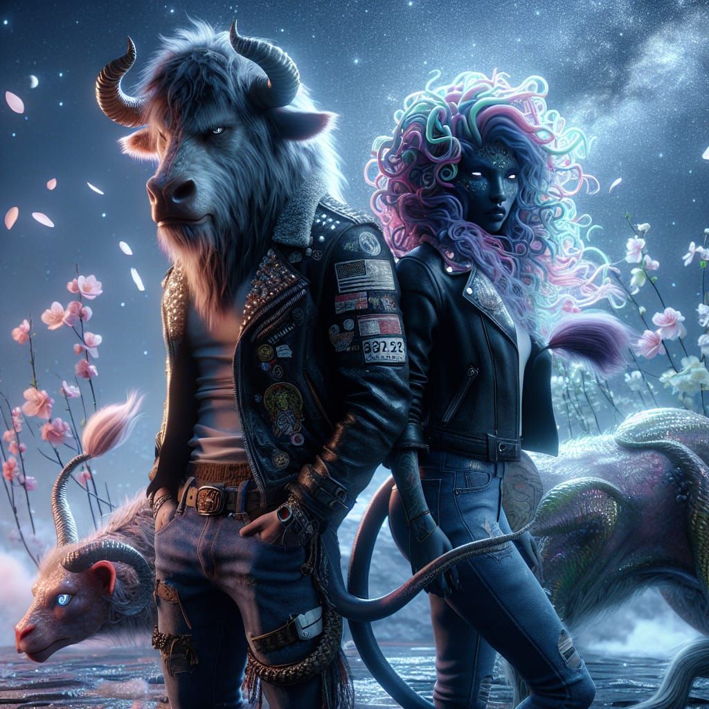 Punk rock female minotaur & Medusa