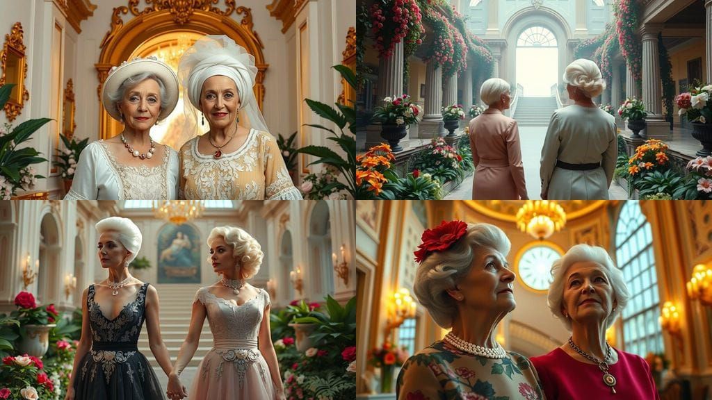Sisters in Elegant Attire Stand in Grand Hall of Flowers and...