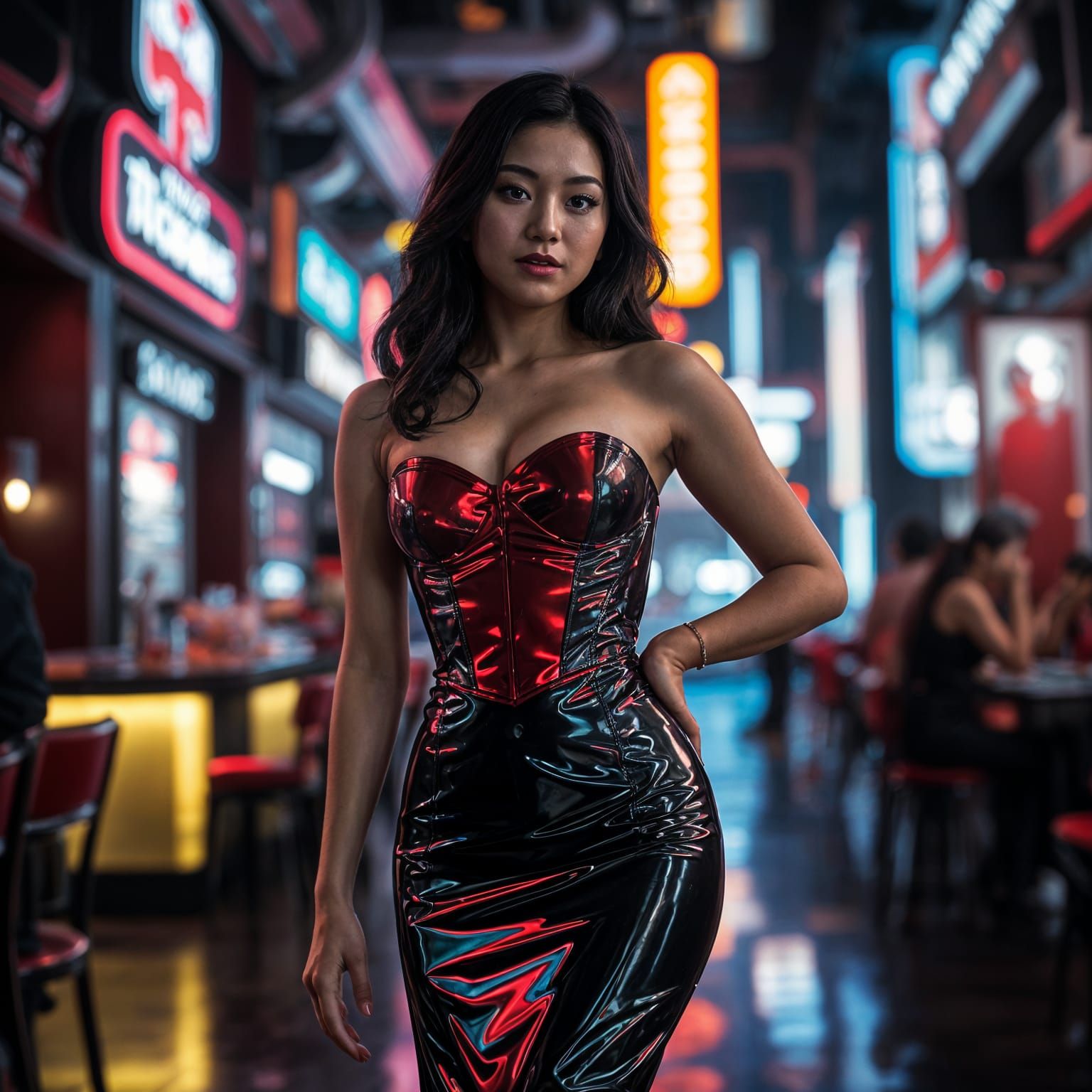 Elegant Korean Woman in Latex Gown and Corset at Upscale Nig...