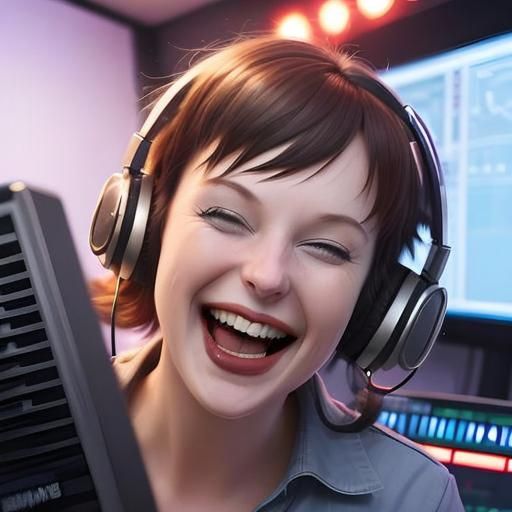 Laughing Radio Presenter in Gritty Studio