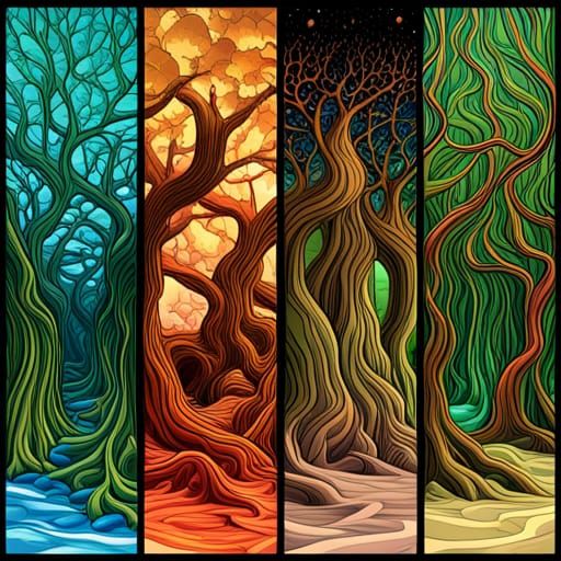 Four Seasons Forest Collage in Comic Book Style