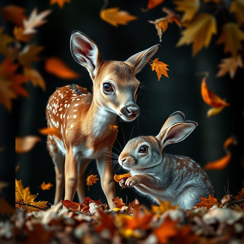 Fawn and Bunny Play in Autumn Forest