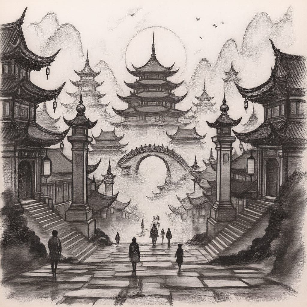 Otherworldly Asian Ink Cityscape with Stone Steps and Lanter...