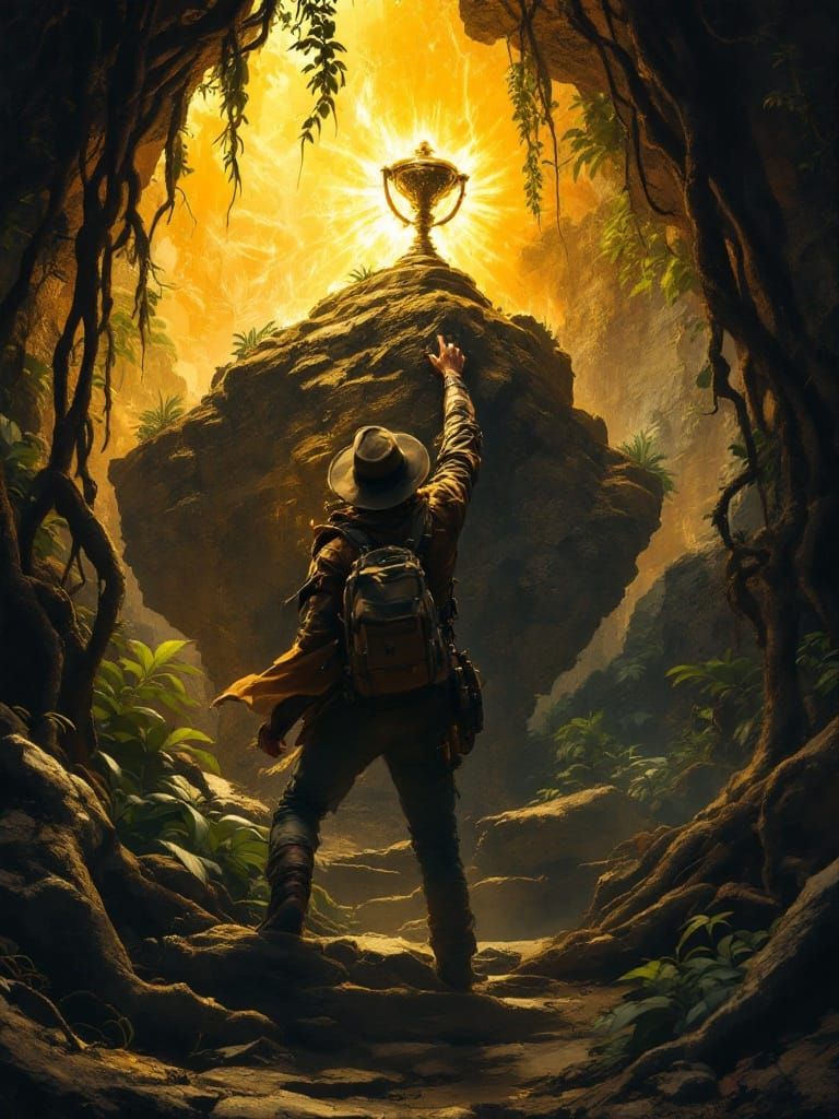 Adventurer and Holy Graal in Jungle Temple