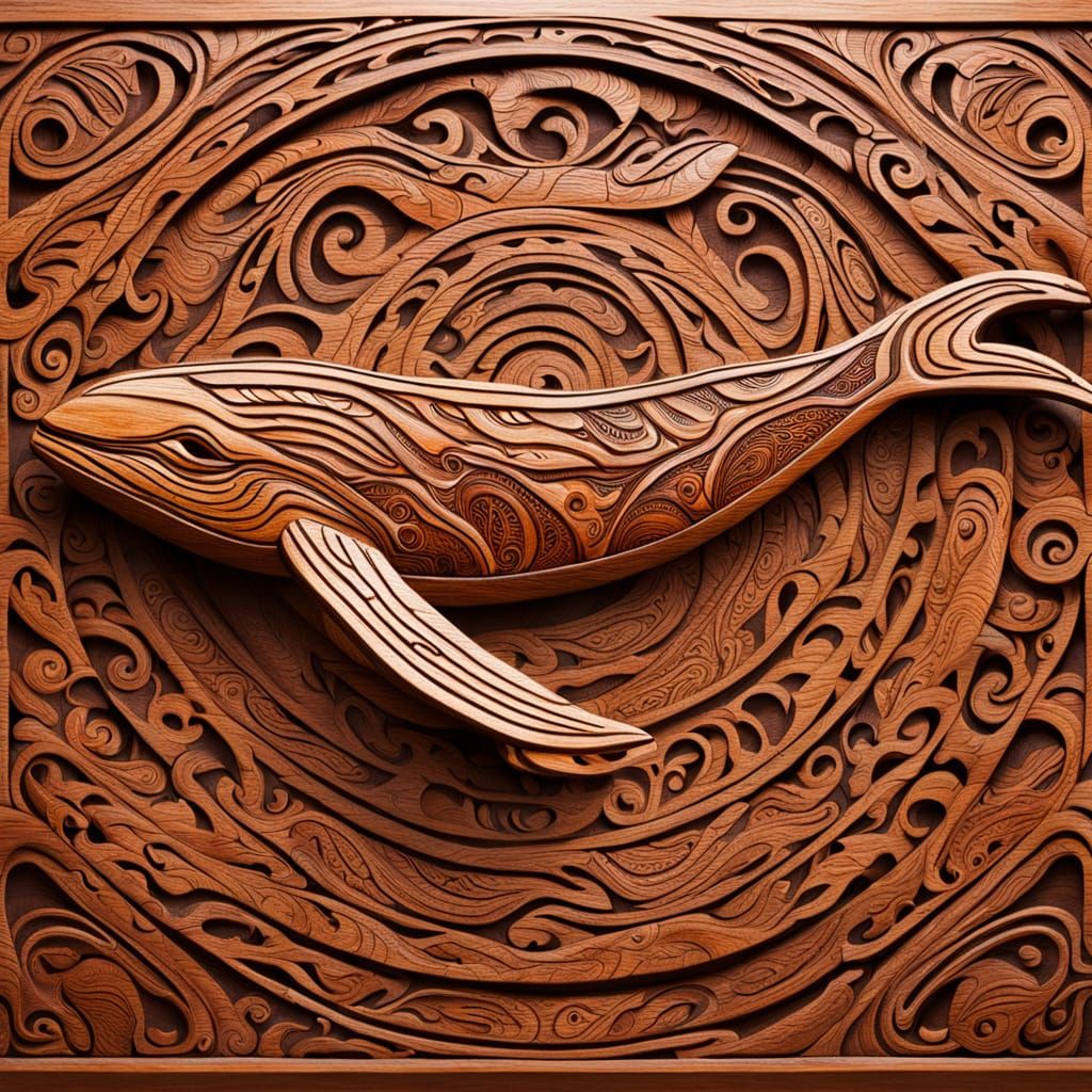 Hand Carved Whale with Tribal Patterns in Wood