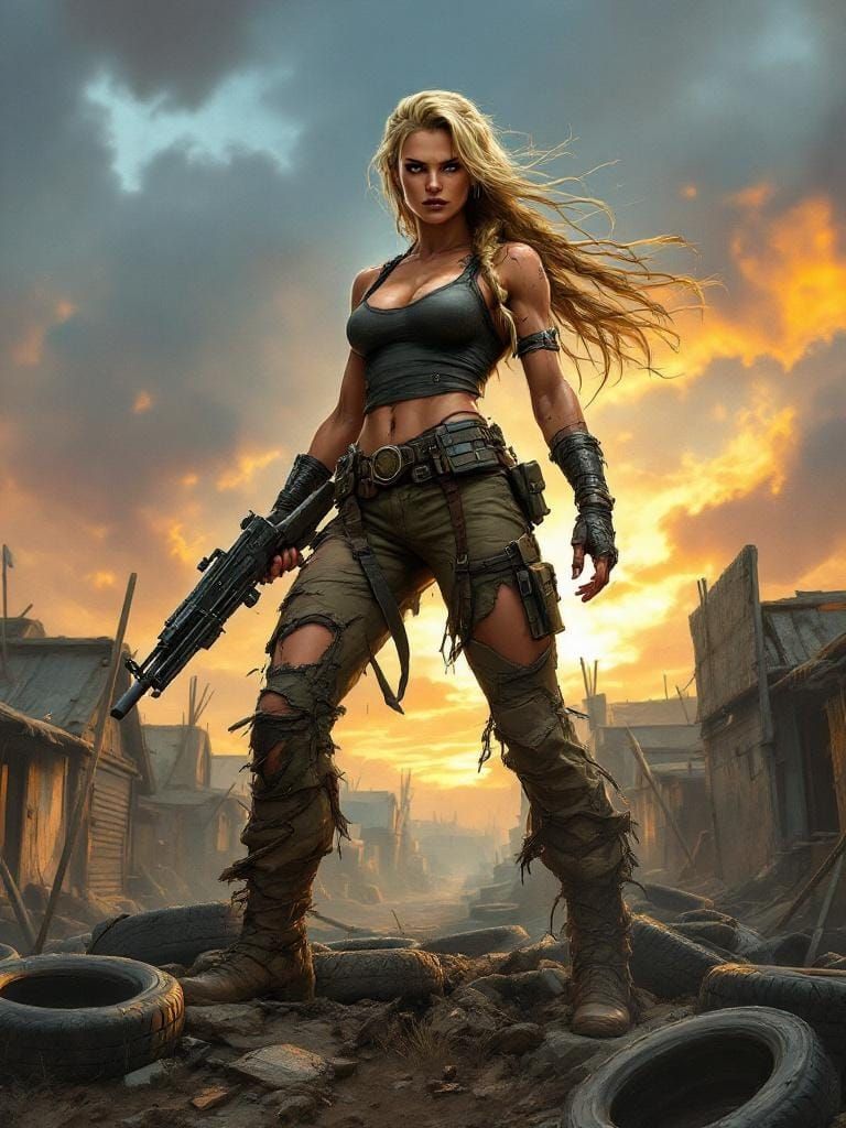 Post-Apocalyptic Barbarian Woman with Machine Gun