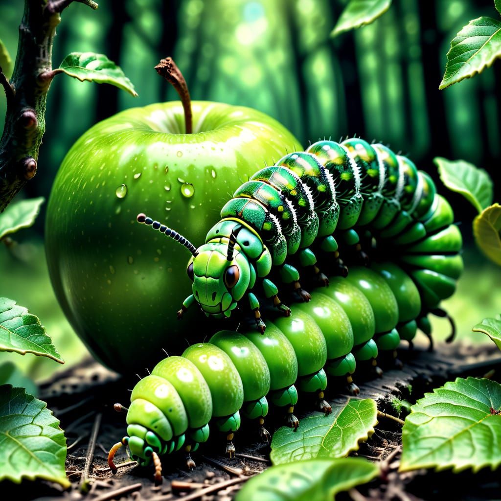 A green catterpillar and a green apple in a forest