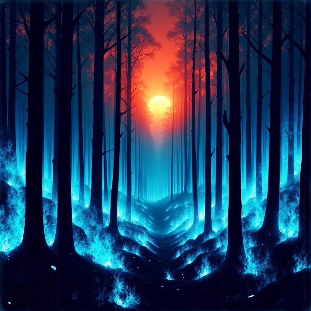 Burning Blue Forest Fire at Sunset
