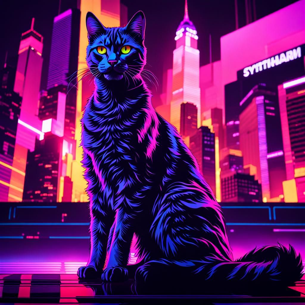 Synthwave Cat Portrait in Black Light