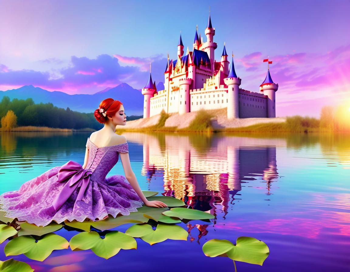 Princess in Lace Gown on Lake at Sunset