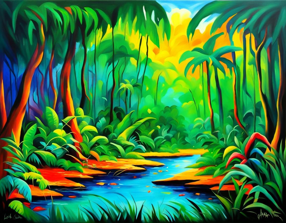 Epic Jungle Scene in Impressionistic Style