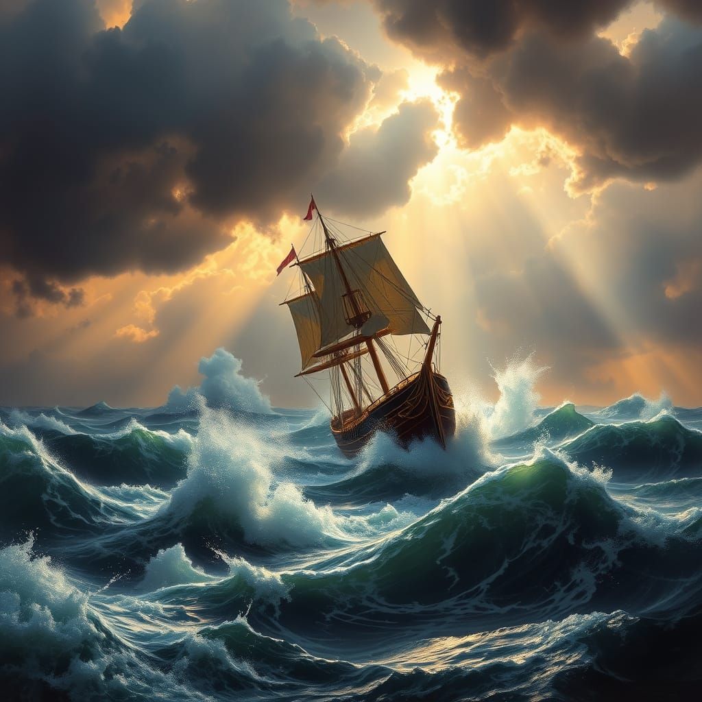 Ship in Stormy Seas as Hyperrealistic Painting