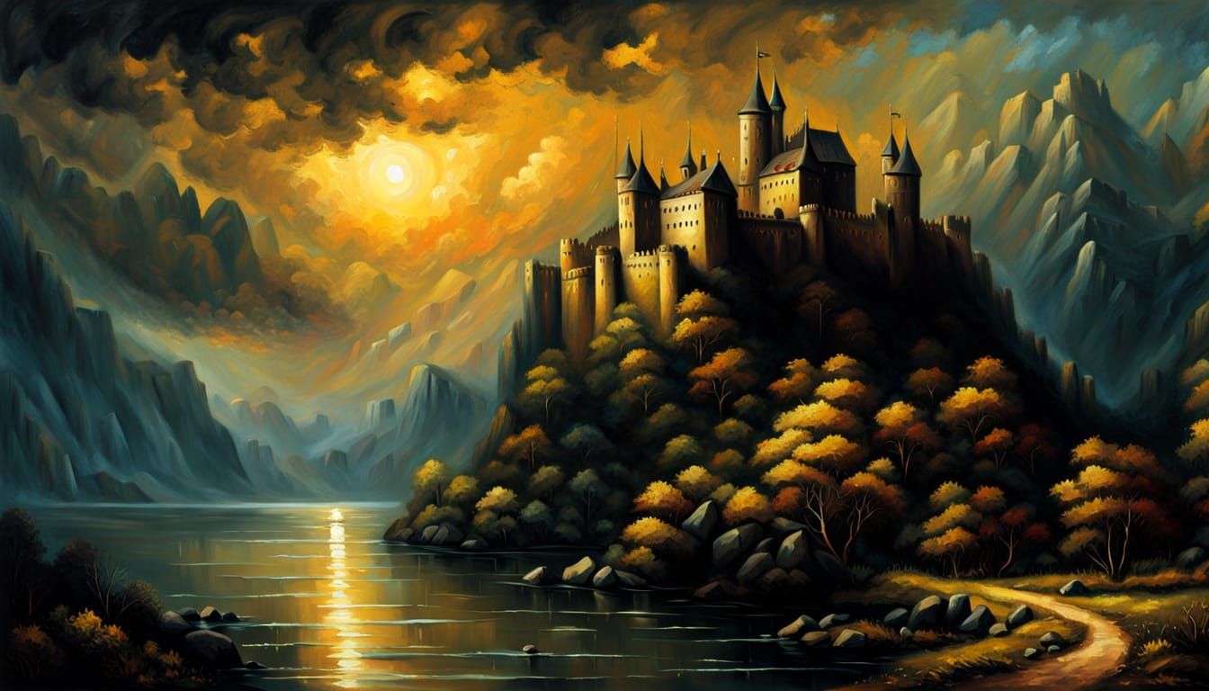 Majestic Ancient Castle Landscape in Dramatic Light