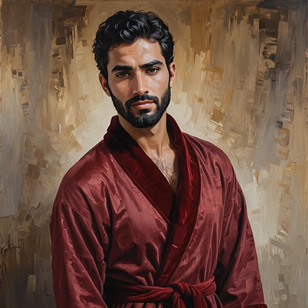 Handsome Man in Red Bathrobe, Impressionist Oil Painting