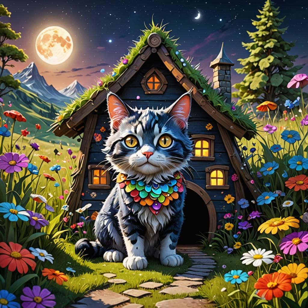 Cat Fairy in Colorful Meadow: 3D Render