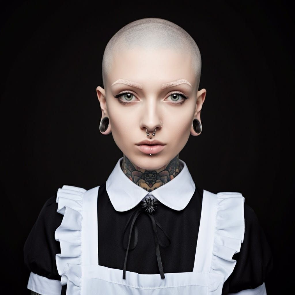 Bald Woman in Maid Outfit with Edgy Piercings