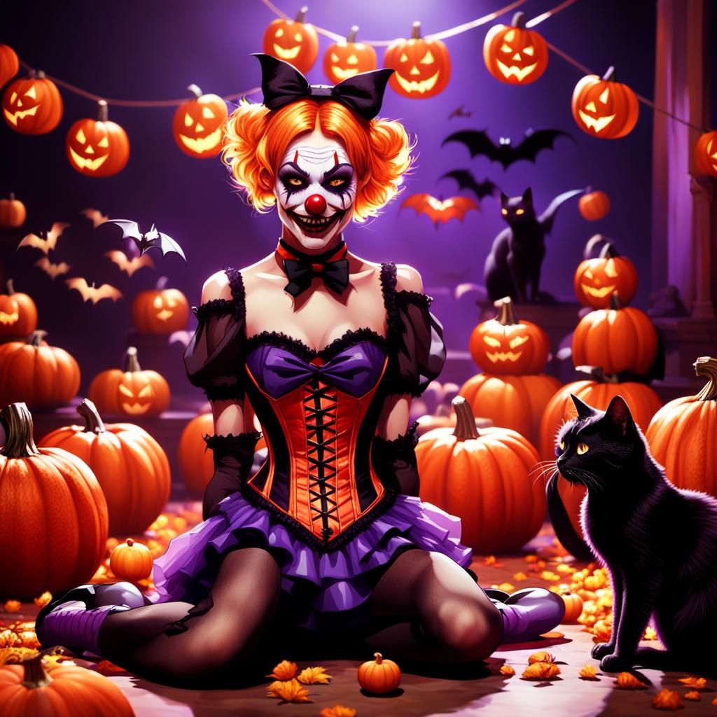 Anime Clown Woman with Cat and Bats
