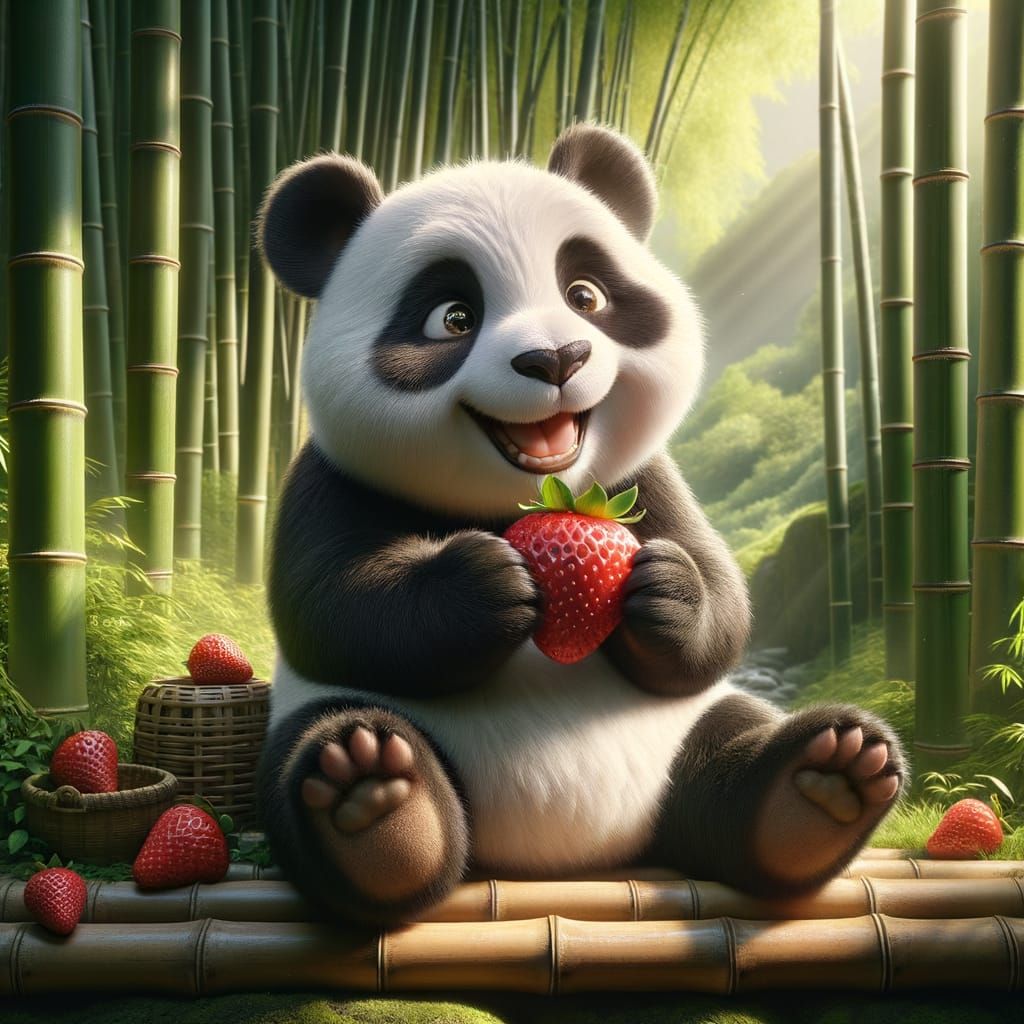 Panda's Joy: Strawberry Snack in Bamboo Forest