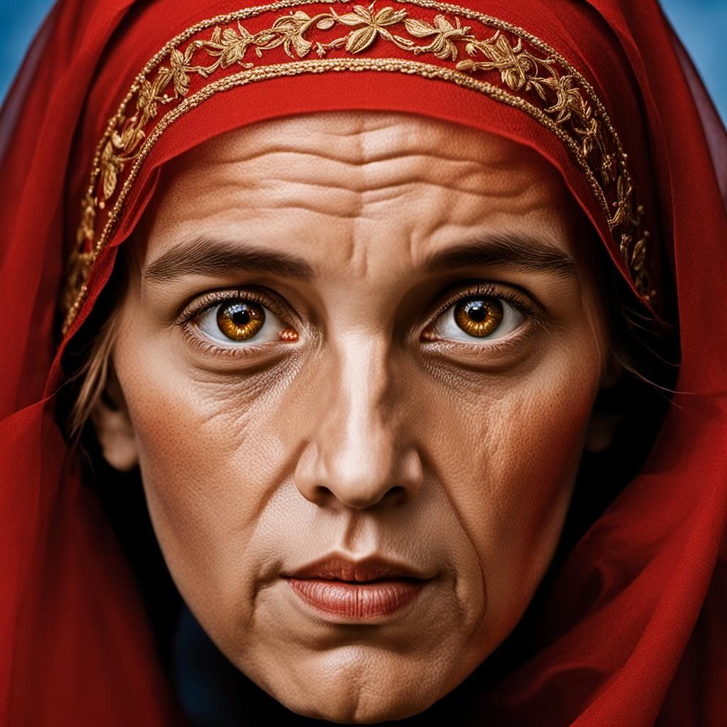 Holy Virgin Mary Portrait with Red Veil