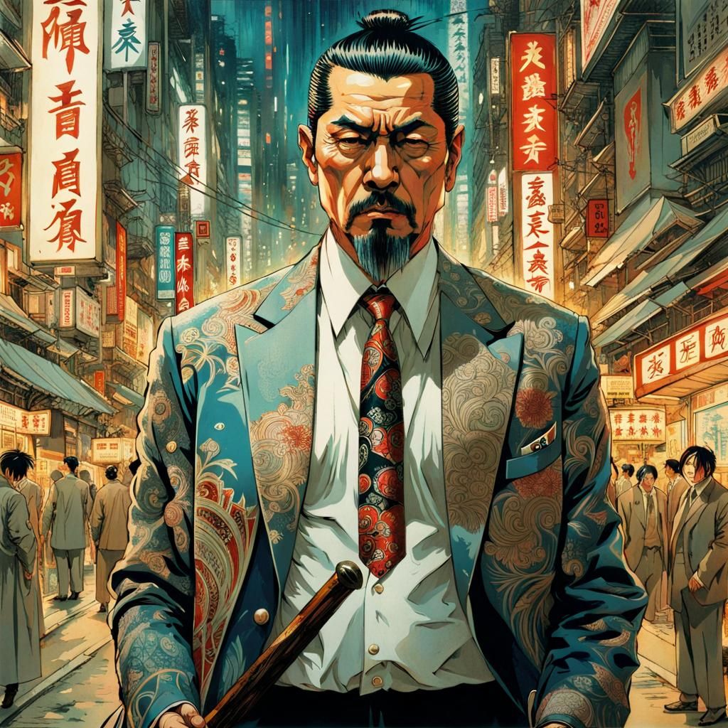 Tattooed Yakuza Boss in Futuristic Tokyo Street