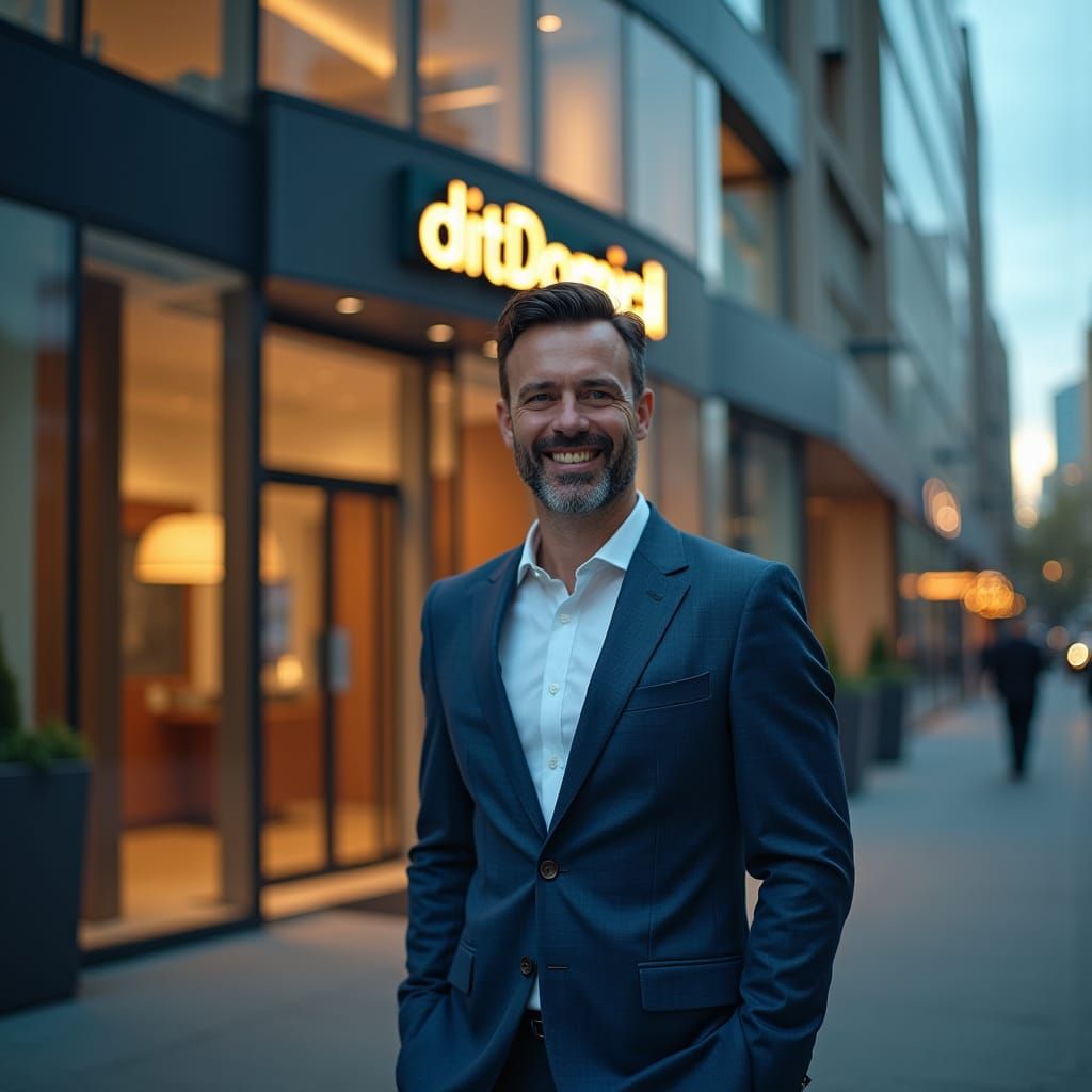 Financial Advisor in Front of Modern Office Building