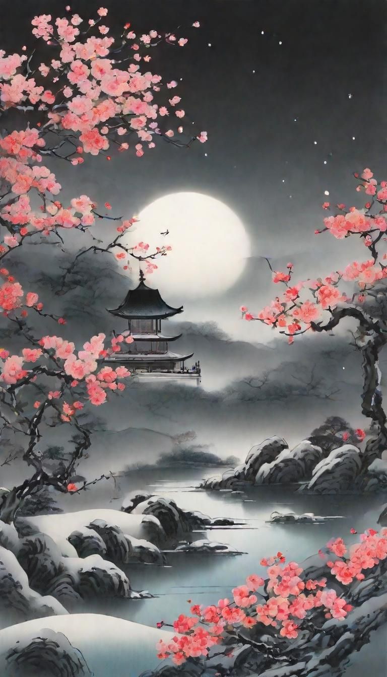 Serene Moonlit Scene: Chinese Ink Painting of Flowers and Sn...