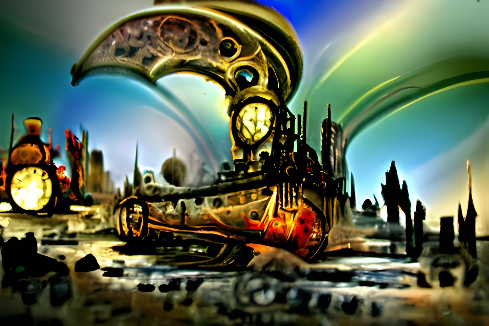 Steampunk Bridge Time Machine in Neo-Impressionist Style