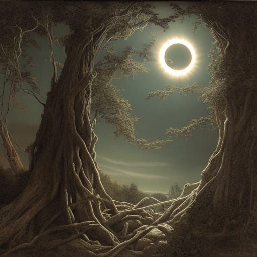 Stone Tree Solar Eclipse in Synthwave Style
