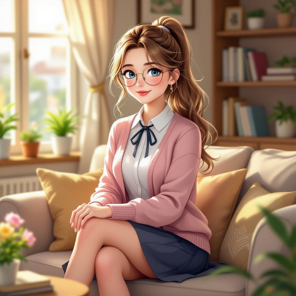 Cute Librarian Emily in Cozy Apartment