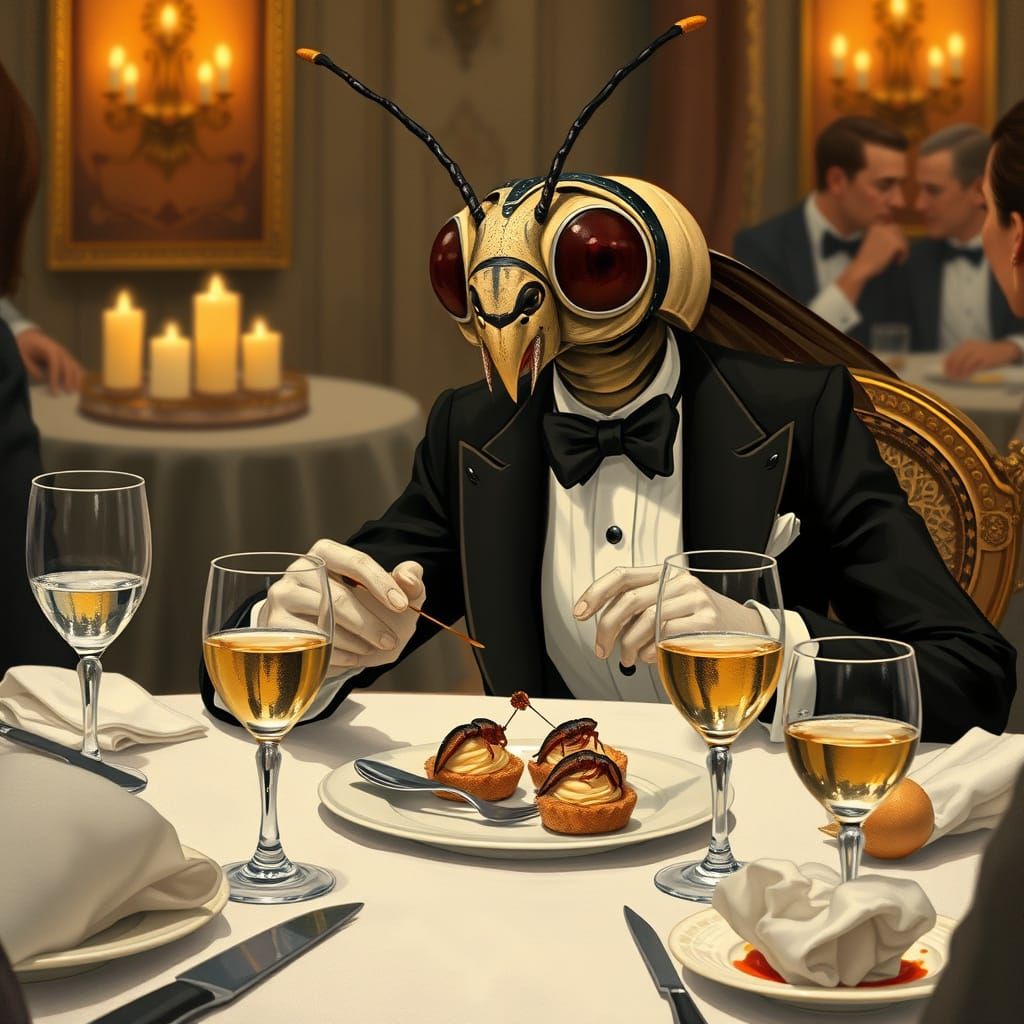 Elegant Insect in Tuxedo at Dinner Party