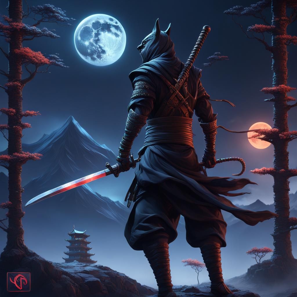 Ninja on Wolf Under Moonlit Mountain
