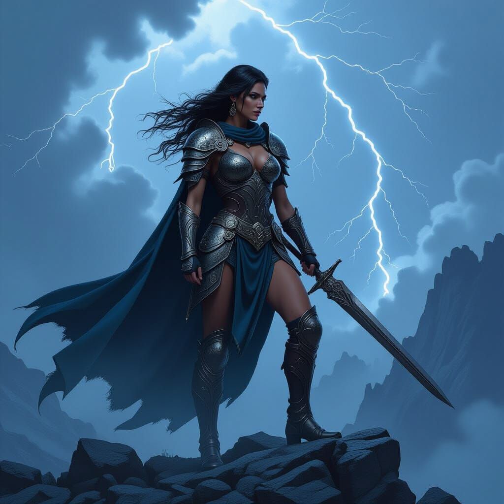 Stormy Mountain Warrior in a Painterly Style