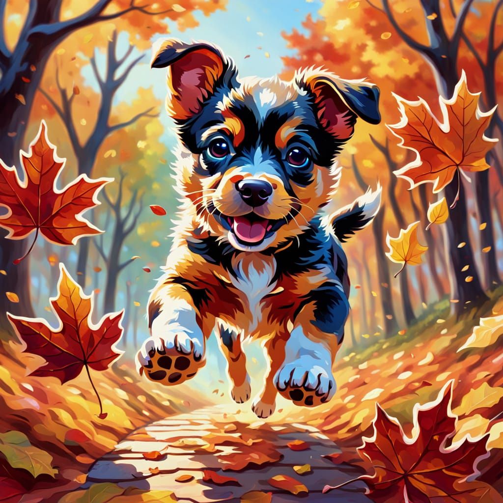 Cute Puppy Leaping in Autumn Leaves Acrylic Art