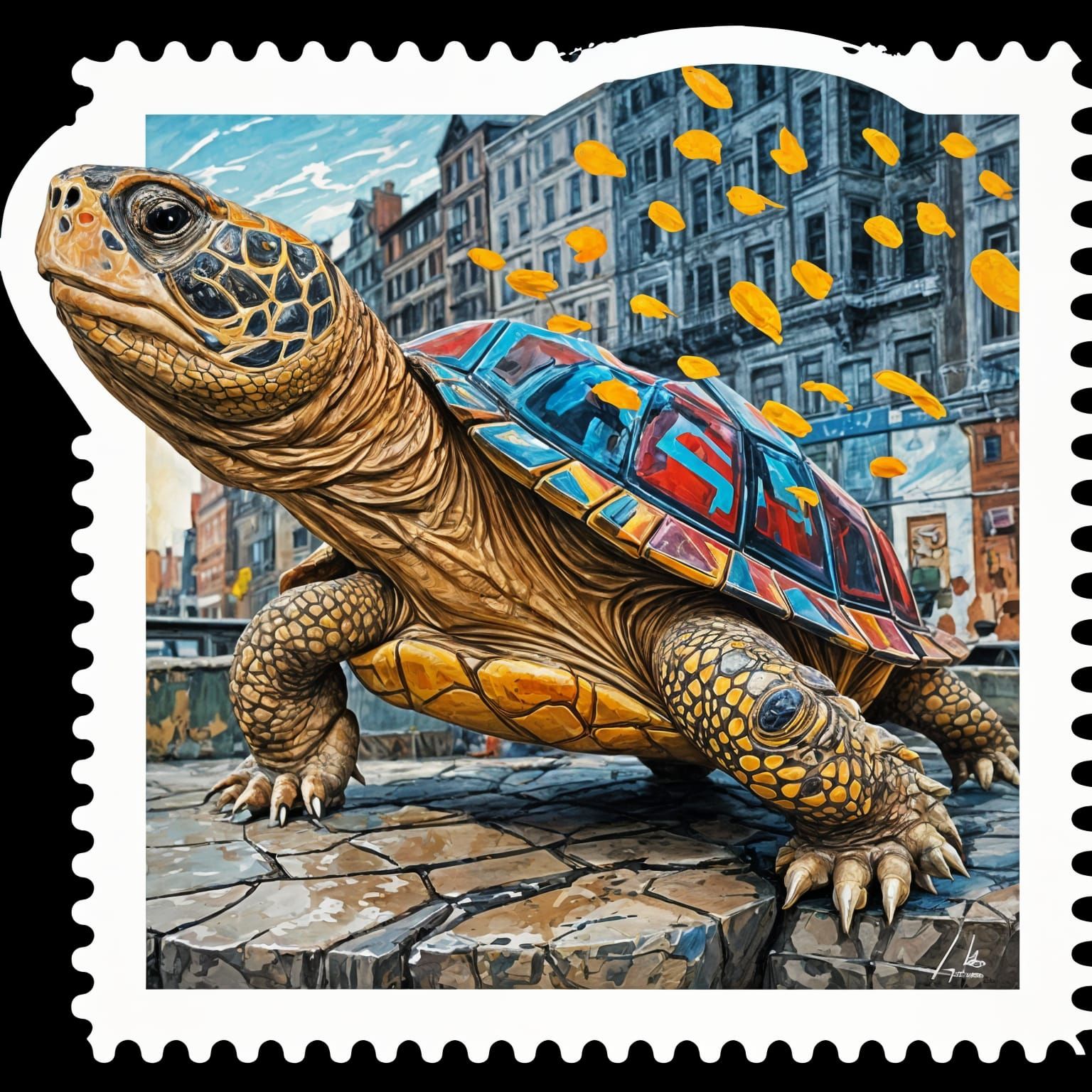 Abstract Tortoise on Waterfront in Gouache Style